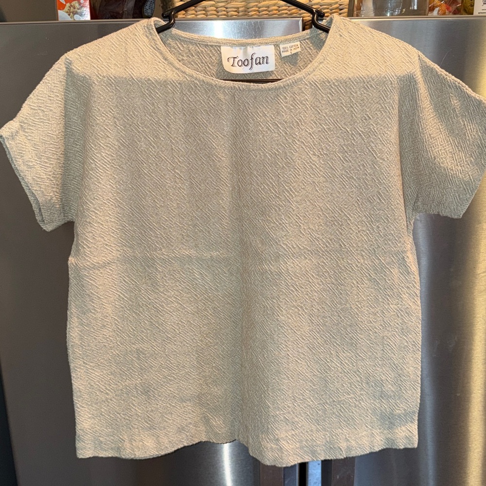 Toofan Beige Tan textured TUNIC boxy shirt short sleeve pullover Minimalist Med